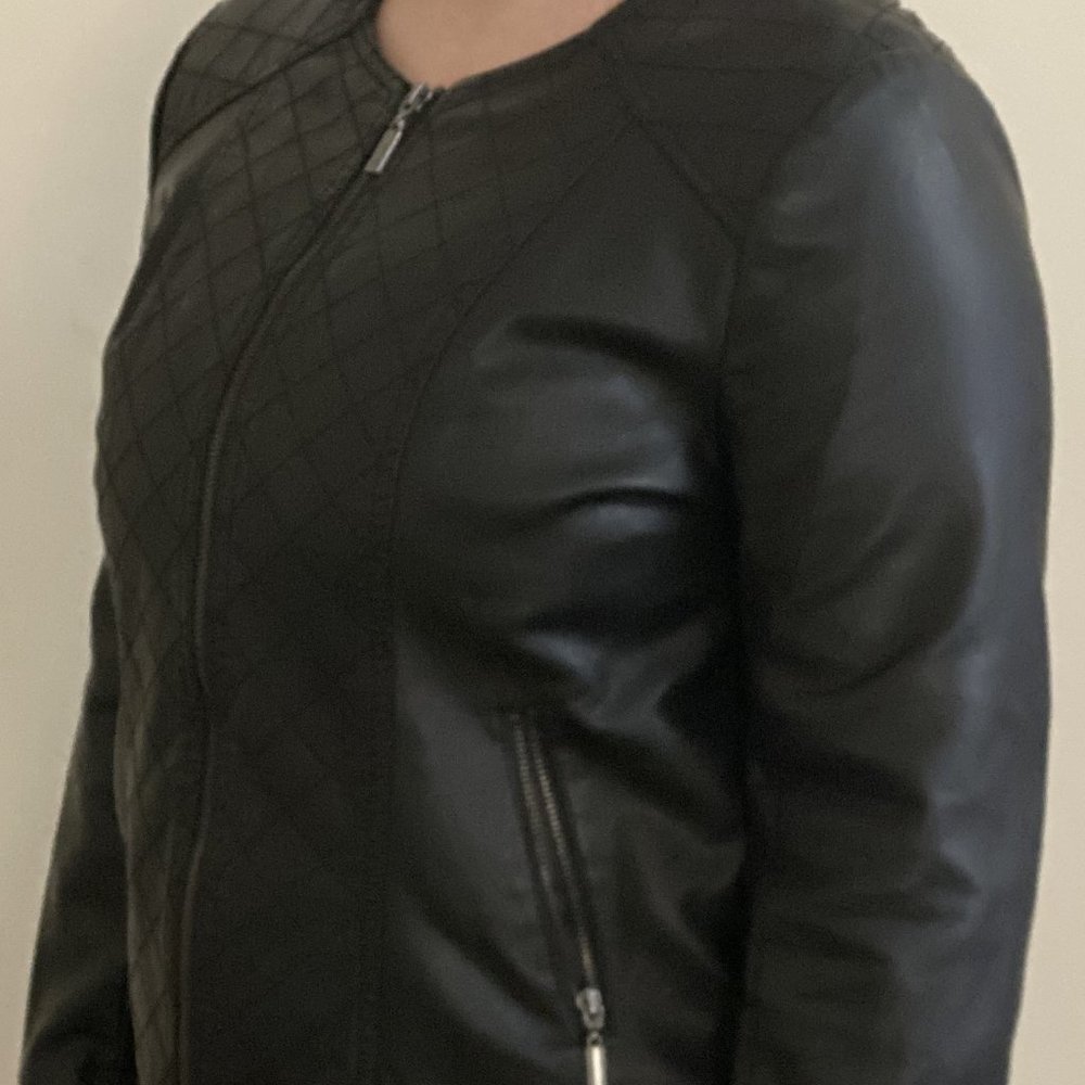 Alfani Petite Large (Black - Round Neck) – Faux Leather Jacket